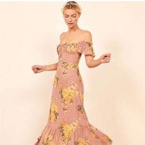 Reformation butterfly maxi dress in gwendolyn patter pink yellow floral ruffles